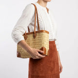 Long handles Reed basket with leather trim