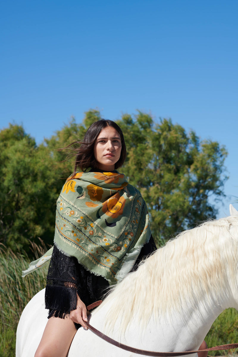'Flowers" Sage Scarf