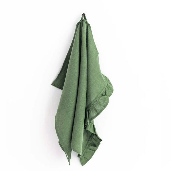 Ruffle Linen Towel - Forest Green