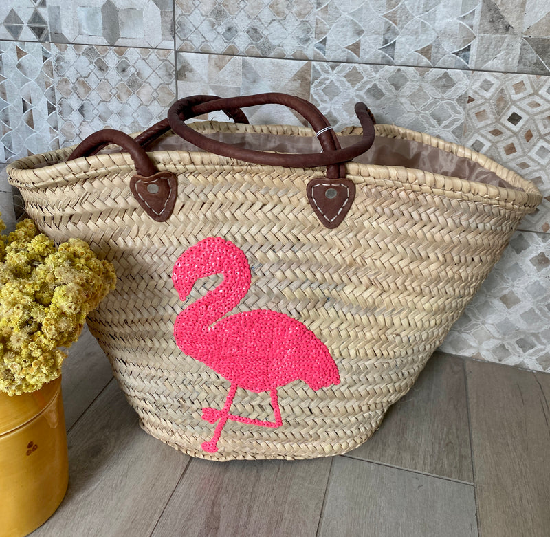 French Market Basket With Flamingo