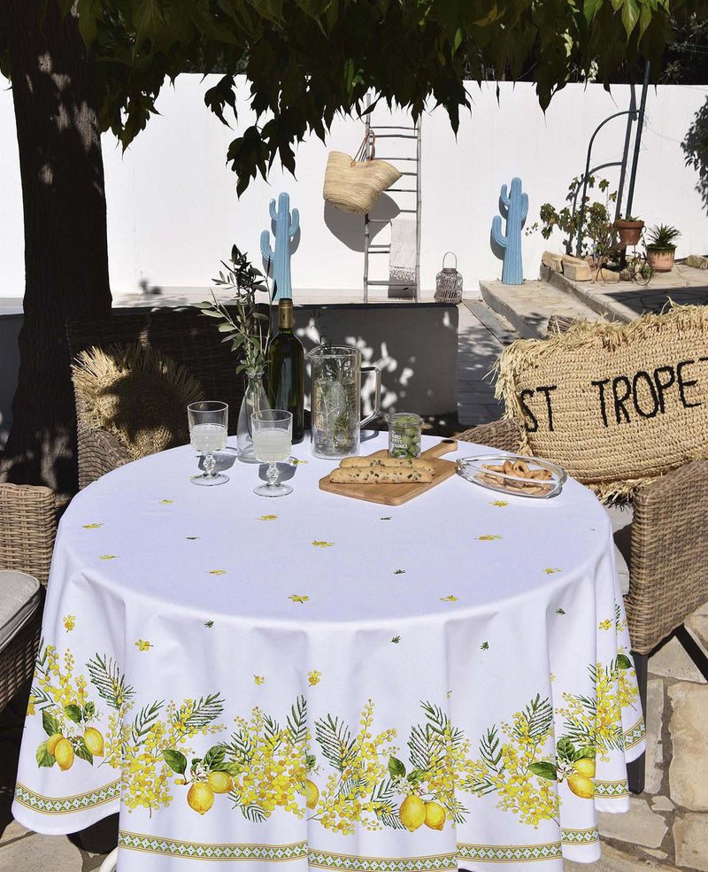 Round "Lemons & Mimosa" White Tablecloth