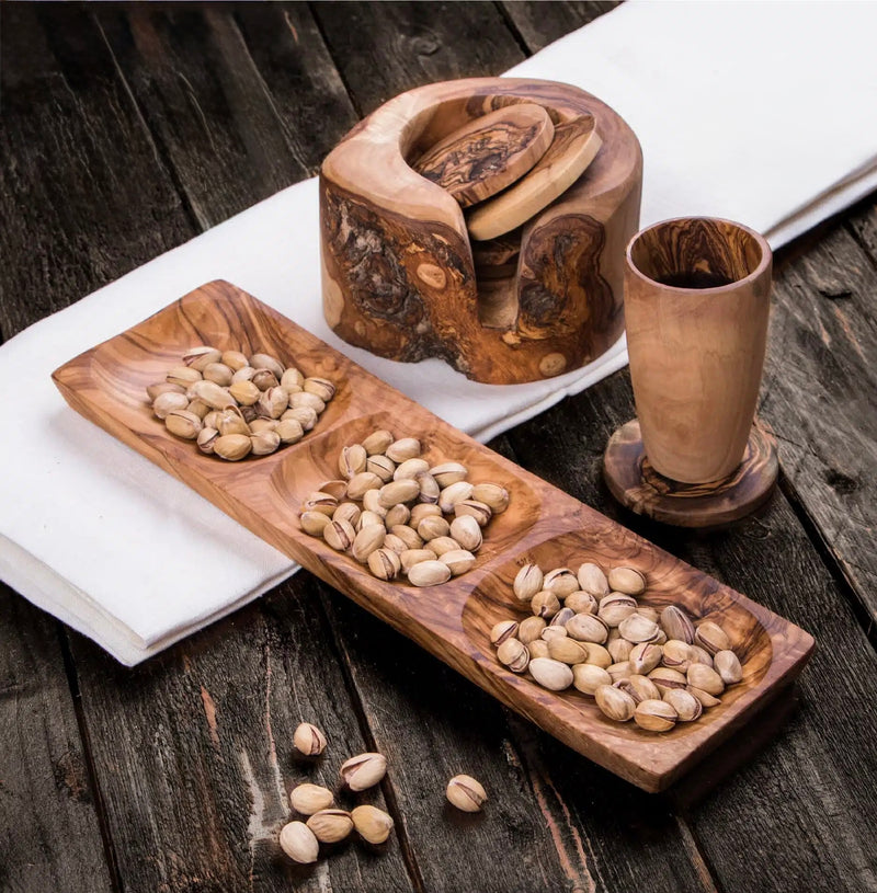Olive Wood 3 compartment snack tray