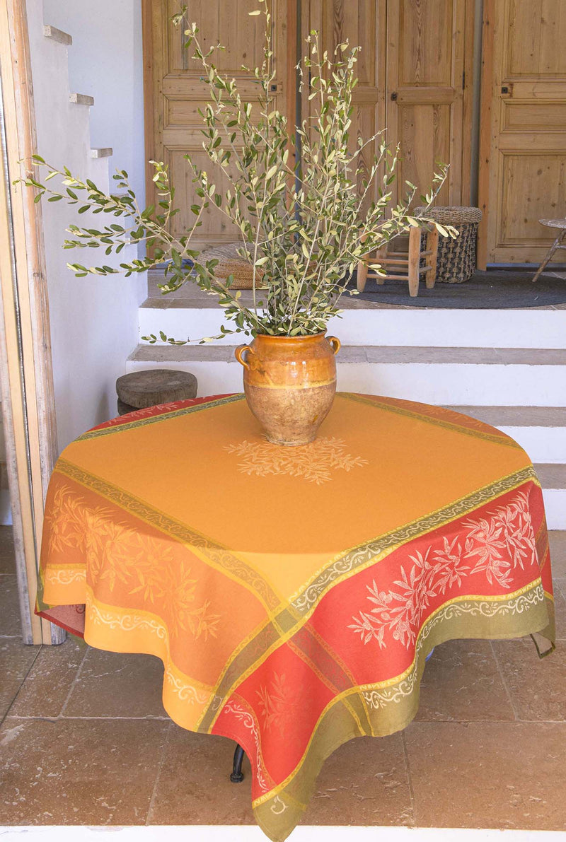 Square "Olives" Mustard Yellow Jacquard Tablecloth