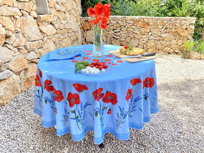 Round "Poppies & Lavender" Blue Tablecloth
