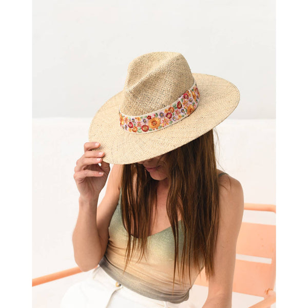 Straw Hat with Embroidered Flowers
